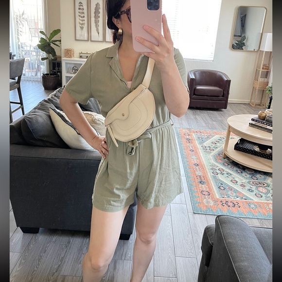 Cotton On| Olive Cargo Linen Romper, Short Sleeve, Size Large••• - Picture 2 of 13